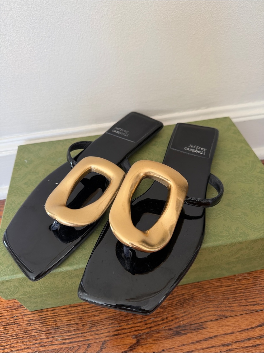 Jeffrey Campbell Black Patent Slide Sandals with Gold Buckle Accent